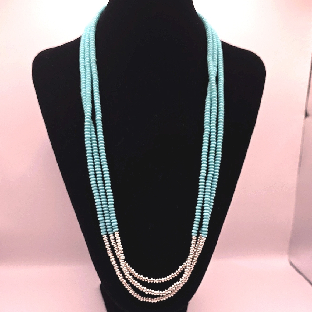 Lucky Brand 🍀 Turquoise Acrylic and Silvertone Beaded Triple Strand Necklace